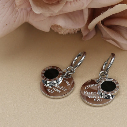 Roman Numeral Medallion Design FOREVER LOVE Stainless Steel Earrings Gift