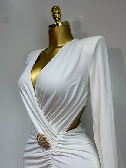 Sexy Long Sleeve V Neck Hollow Out Bodycon Cross Pleated High Split Maxi Club Party Evening Dress