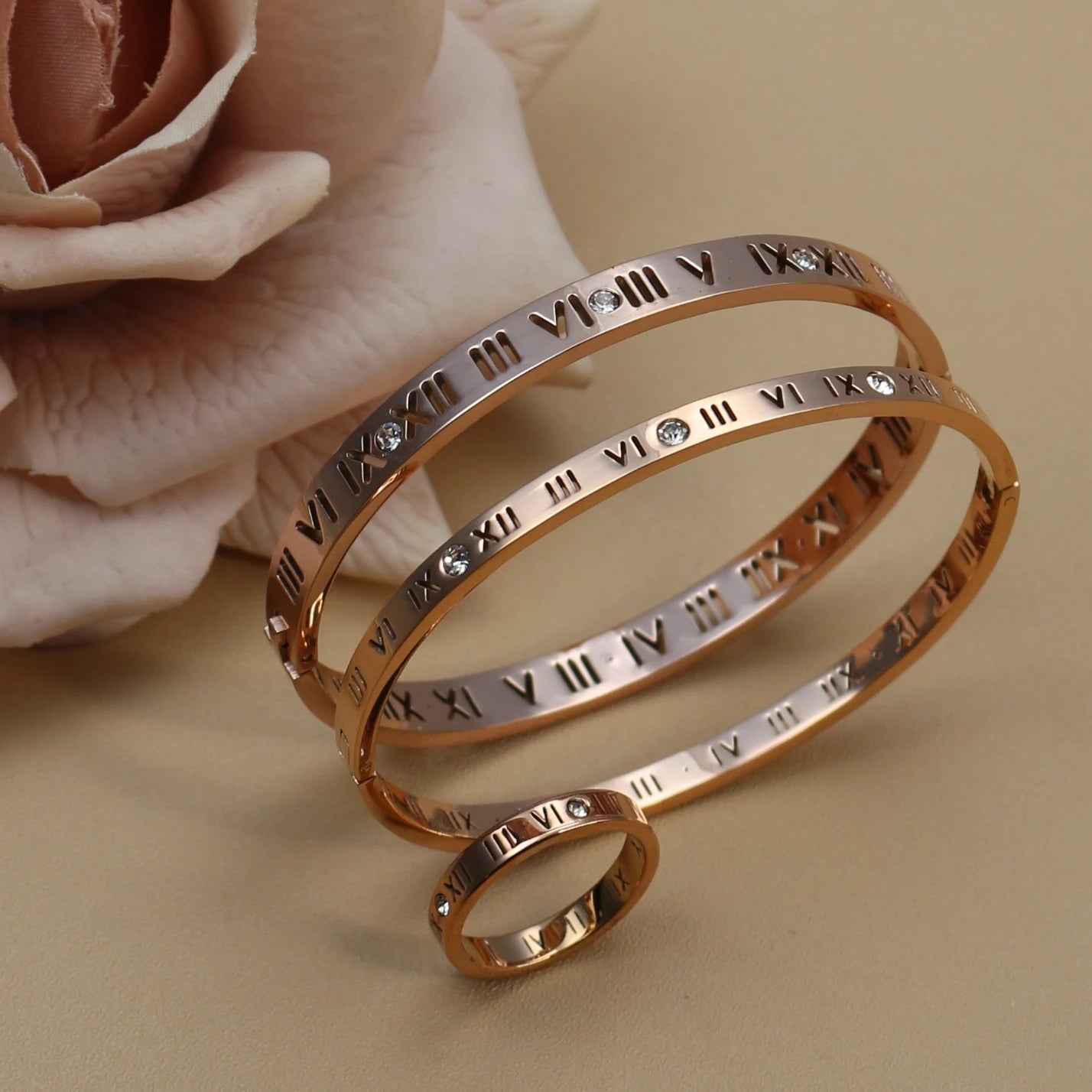 Stainless Steel 18K gold plated Roman Numeral Bracelet Bangles Ring 2-in-1 Jewelry