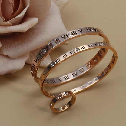 Stainless Steel 18K gold plated Roman Numeral Bracelet Bangles Ring 2-in-1 Jewelry