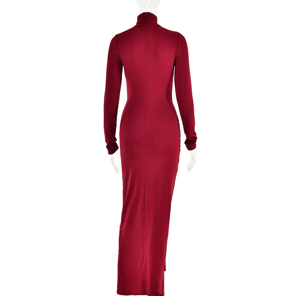 Women Turtleneck Long Sleeve Maxi Fashion Irregular Bodycon Long Evening Dress