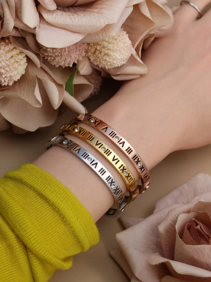Stainless Steel 18K gold plated Roman Numeral Bracelet Bangles Ring 2-in-1 Jewelry