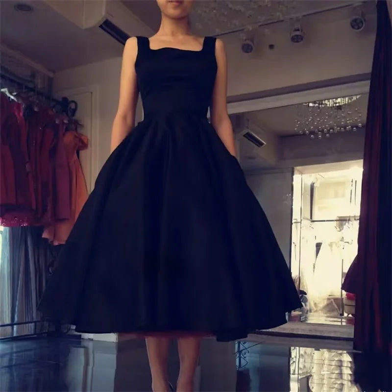 Women's Square Neck Satin Prom Bow A Line Backless Tea Length Formal Evening Party Dress w/ Pockets
