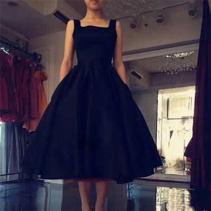 Women's Square Neck Satin Prom Bow A Line Backless Tea Length Formal Evening Party Dress w/ Pockets