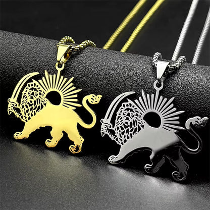 Women Men Stainless Steel Gold Color Arabic Iran Islamic Sword Lion of Persia Shamshir Pendant Necklace