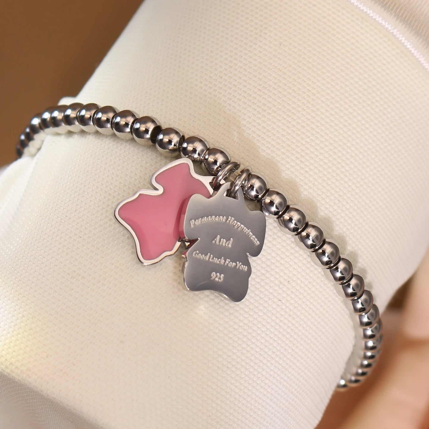 New Pink Elephant Pendant Elastic Bead Stainless Steel Bracelet 18 K Gold Plated Luxury Women's Jewelry Wholesale Gift