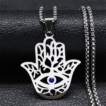 Hollow Fatima Hamsa Stainless Steel Gold Color Luck Hand Palm Blue Turkey Eye Pendants Necklace