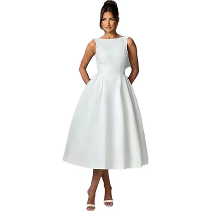 Simple Elegant O-Neck Satin Midi Prom Tea Length Backless A Line Formal Evening Party Bridal Dress w/ Pockets