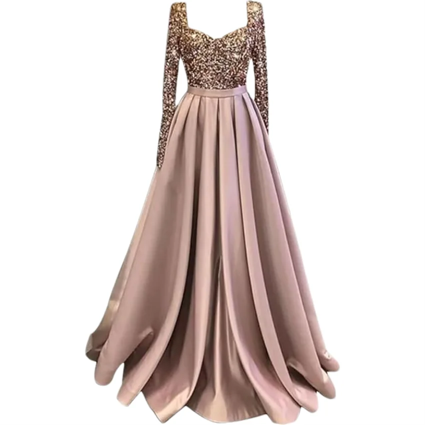 Long Sleeve Sequin Prom Long Satin Women Formal A-Line Evening Party Ball Gown Dress w/ Pockets