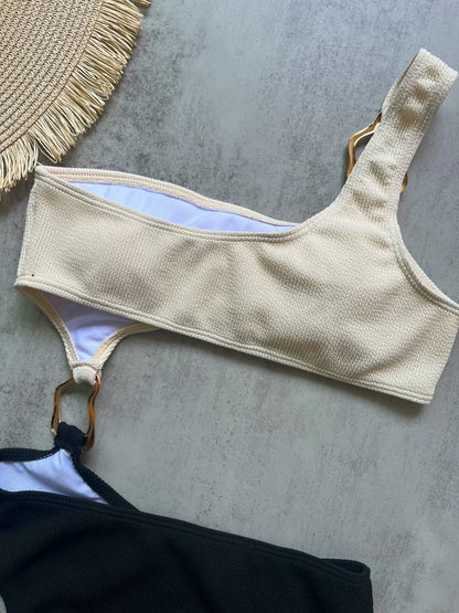 Women Splicing Asymmetric One Shoulder Piece Swimsuit Metal Ring High Cut Bather Bathing Suit