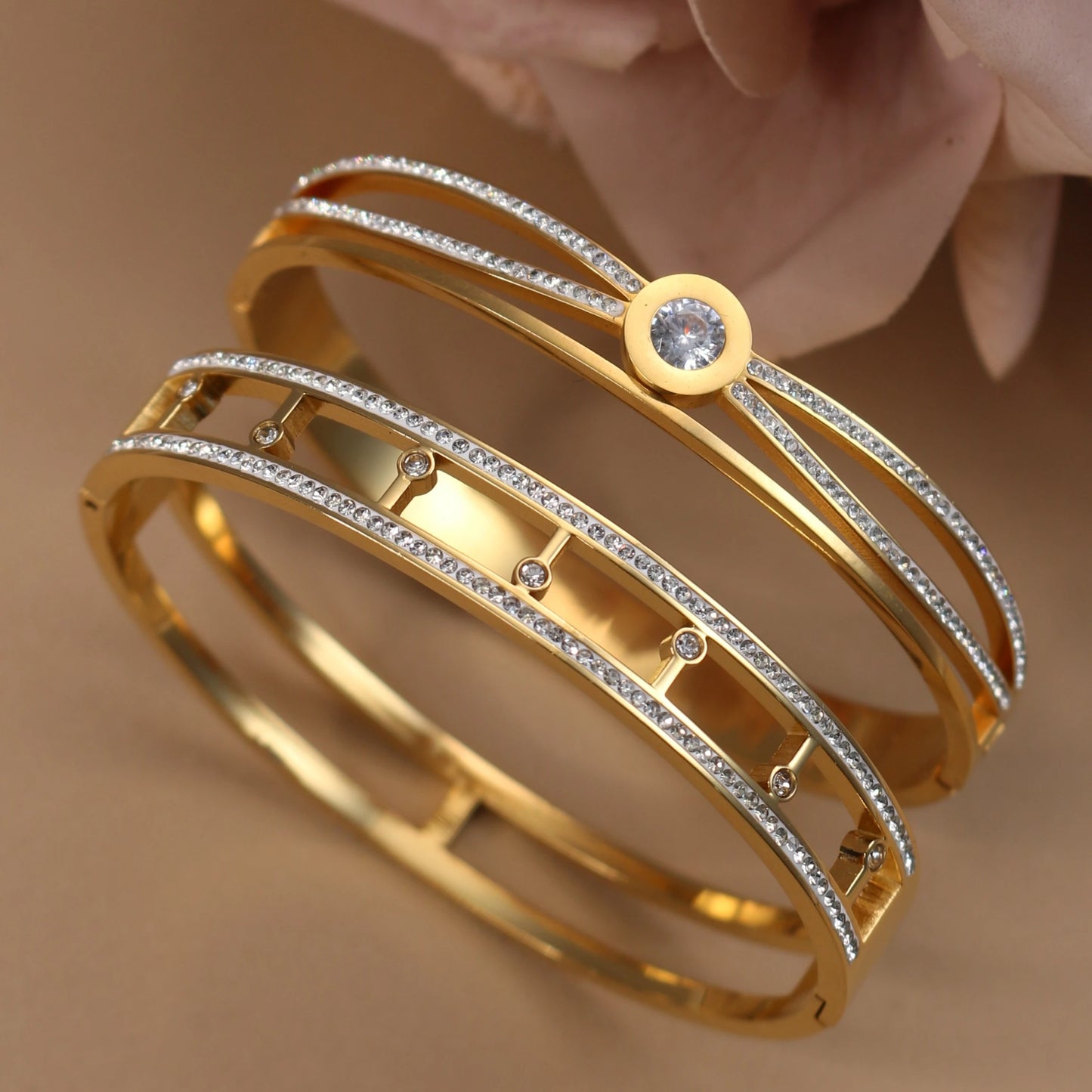 Women Stainless Steel Cross Small Zircon Round Charm Crystal Bangle Bracelet