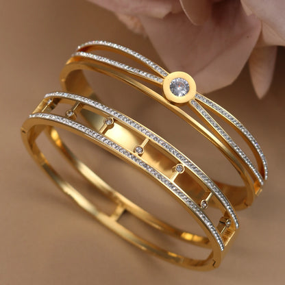 Women Stainless Steel Cross Small Zircon Round Charm Crystal Bangle Bracelet