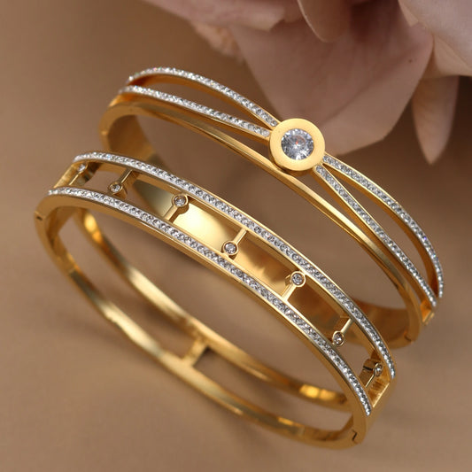 Women Stainless Steel Cross Small Zircon Round Charm Crystal Bangle Bracelet