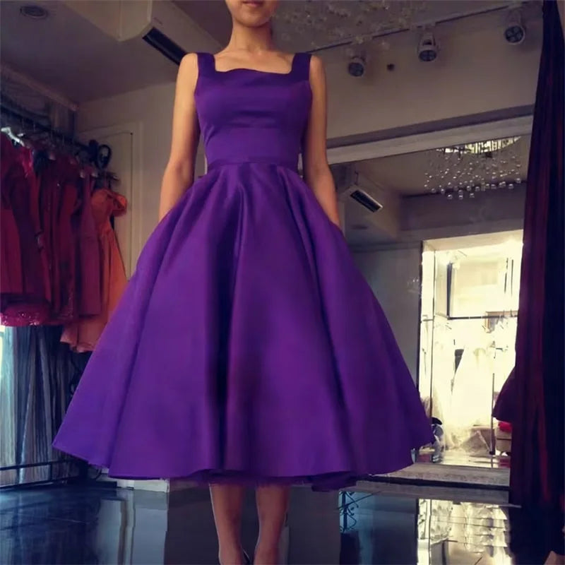 Women's Square Neck Satin Prom Bow A Line Backless Tea Length Formal Evening Party Dress w/ Pockets