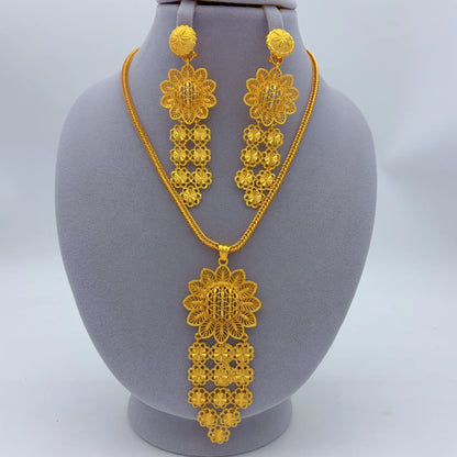 Indian Bridal Women African Dubai Gold Plated Long Wedding Party Necklace Earrings Jewelry Set