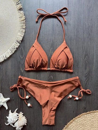 Solid Color Bikini Swimsuit Hanging Neck Rope Split Swimsuit 2-piece Beachwear Suit