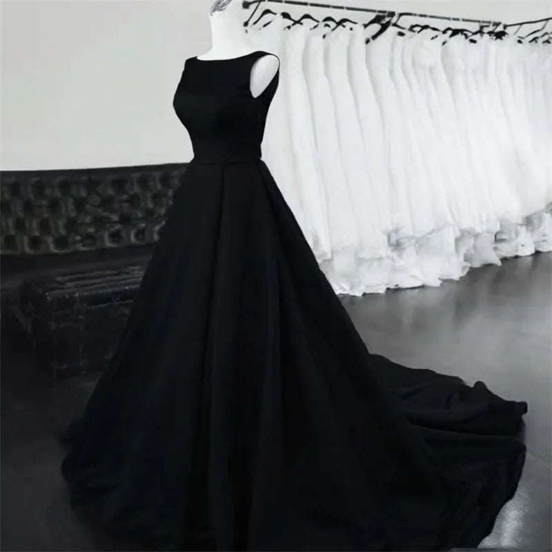 Women's Scoop Neck Sweep Train Prom Backless A-line Satin Long Formal Evening Party Dress w/ Pockets
