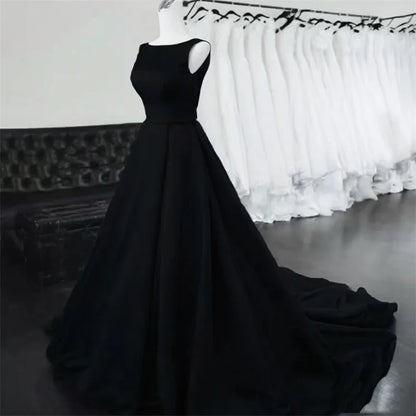 Women's Scoop Neck Sweep Train Prom Backless A-line Satin Long Formal Evening Party Dress w/ Pockets
