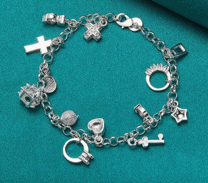 Women 925 Sterling Silver Heart Ball Cross Star Wedding Engagement Pendant Necklace Bracelets Set