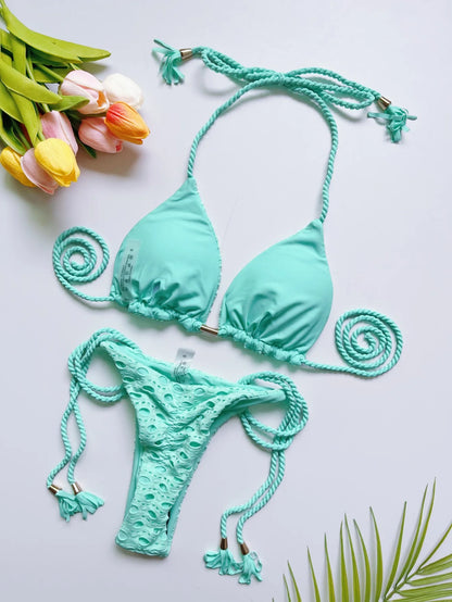 sexy women split swimsuit 2-piece beach swimsuit w/ braided straps bikini set