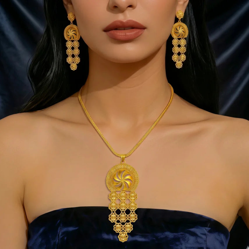Indian Bridal Women African Dubai Gold Plated Long Wedding Party Necklace Earrings Jewelry Set