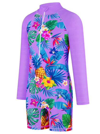 Long-Sleeved Purple Kids Girls One-Piece Tropical Plants Print Boyleg Rash Guard Beach Swimming Suit