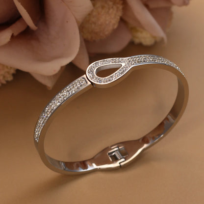 Women Stainless Steel Crystal Hollow Water Drop Open Bracelet Bangle