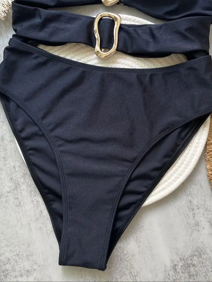 Sexy Metal Rings Cut Out Swimwear One Piece Swimsuit High Leg Cut Bather Bathing Suit