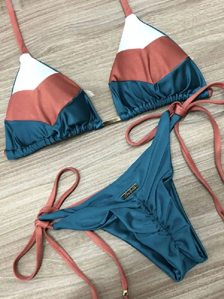 Sexy Halter Thong Micro Bikini Push Up Brazilian Tropical Plant Print String Mini Swimsuit