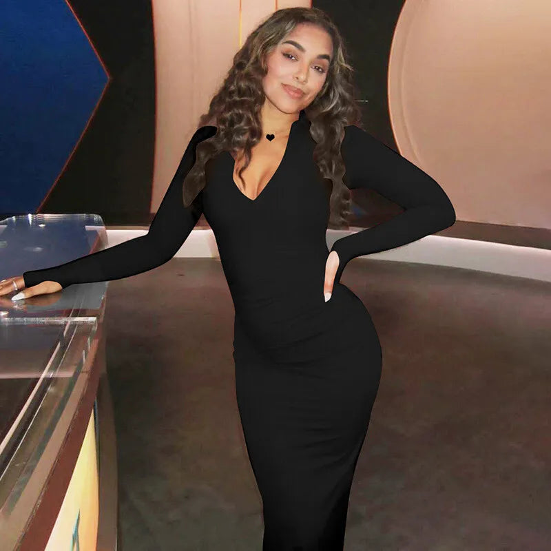 Women Long Sleeve Maxi Solid V Neck Slim Ruched Sexy Long Dress Fashion Dress