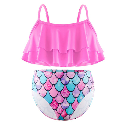 2pcs Kids Girl Sleeveless Pink Ruffle Crop Tops Scale Print Swim Briefs Swimming Suit