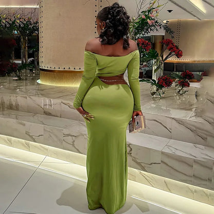 Women Hollow Out Long Sleeve Maxi V Neck Backless Bodycon Evening Maxi Dress