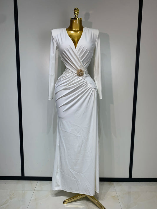 Sexy Long Sleeve V Neck Hollow Out Bodycon Cross Pleated High Split Maxi Club Party Evening Dress