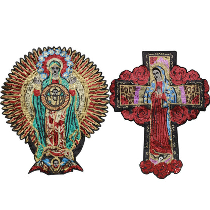 Large Sequins cross rose Blessed Virgin Mary Goddess Embroidery Patches for Clothes DIY sew Stripes Applique