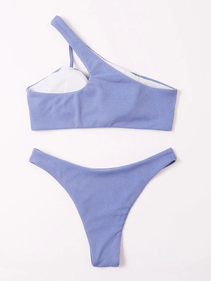 One Shoulder Bikini Thong Swimsuit Women Solid Padded Swimwear Bathing Suit