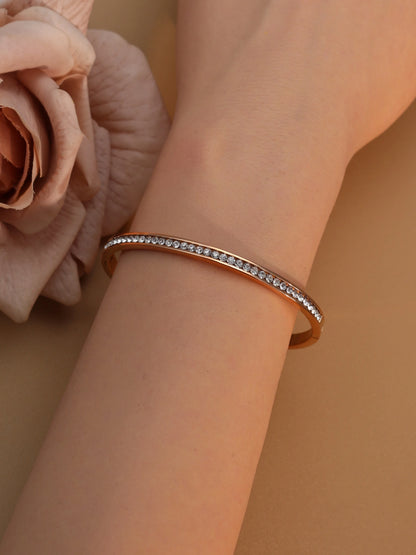 Delicate Stainless Steel Gold Color Peach Heart Crystal Design Charm Bangle Bracelet