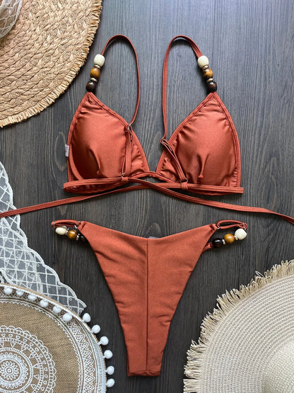 Sexy Women Pearls Strap Hole Out Push Up Bra Thong Swimsuit Brazilian Beach Bathing Micro Bikini Suit