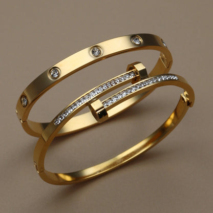 Fashion Cross Crystal Design Stainless Steel Gold Color Stacking Bracelet Bangle