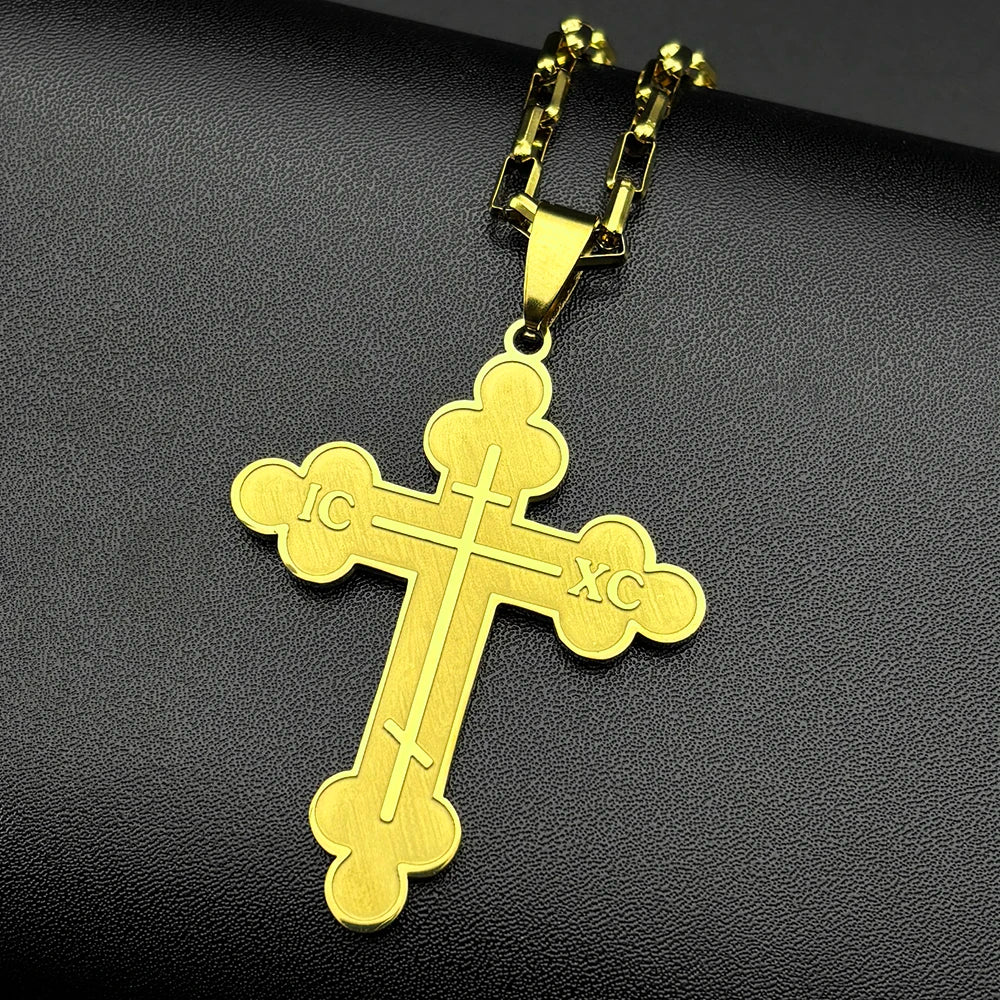 Men Women Stainless Steel Religious Gold Color Amulet Orthodox Jesus Cross Pendant Necklace