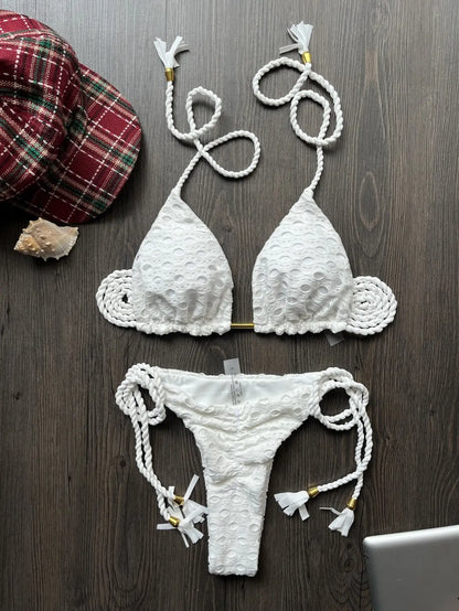 Women's two-piece set w/ push up hanging neck solid color bikini beach swimsuit