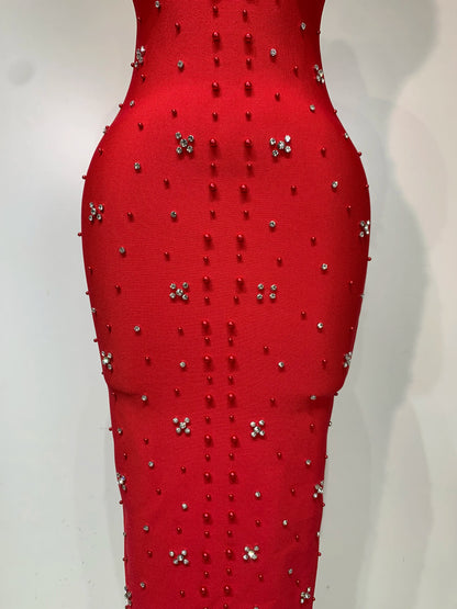 Sexy Sparkly Rhinestone Pearl Halter Backless Bandage Long Birthday Evening Party Dress