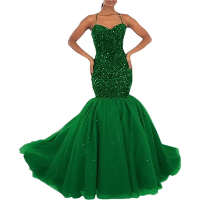 Sparkly Sequin Prom Women Long Tulle Halter Ball Gown Sleeveless Mermaid Formal Evening Party Dress