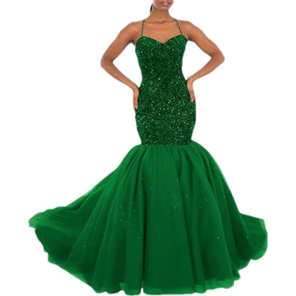 Sparkly Sequin Prom Women Long Tulle Halter Ball Gown Sleeveless Mermaid Formal Evening Party Dress
