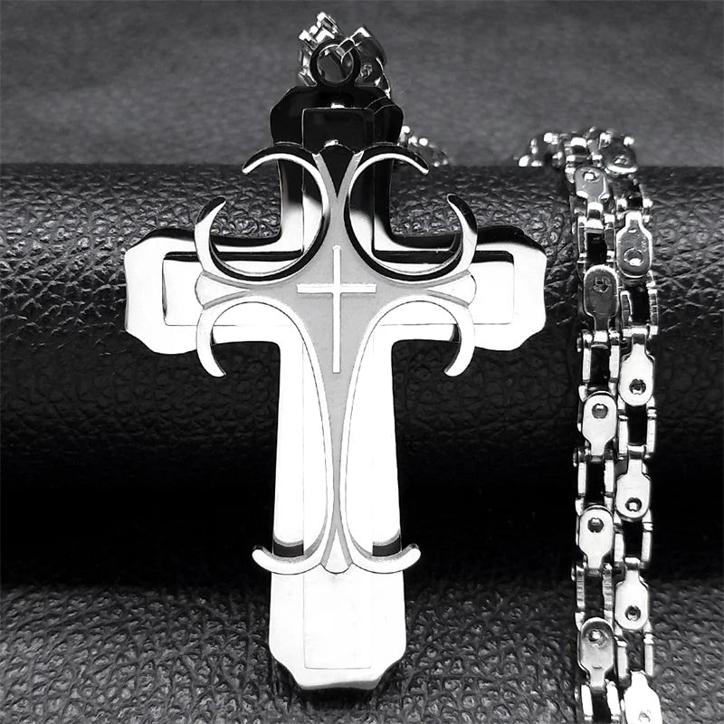Men Big Cross Jesus Stainless Steel Gold Color Christ God Chain Necklace