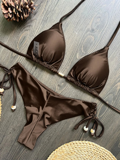 Solid Sexy Halter Triangle Bead String Bikini Mini Micro Thong Swimsuit Brazilian Set