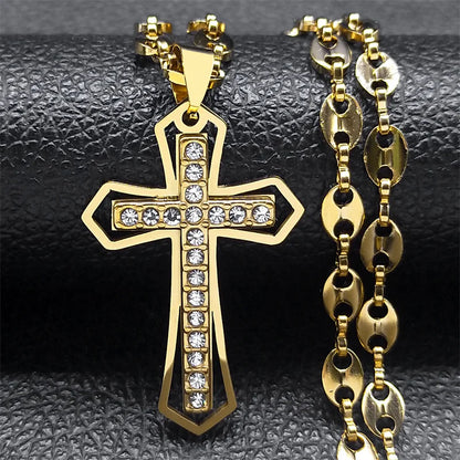 Men Stainless Steel Gold Color Christian Jesus Cross Crucifix Pendant Necklace