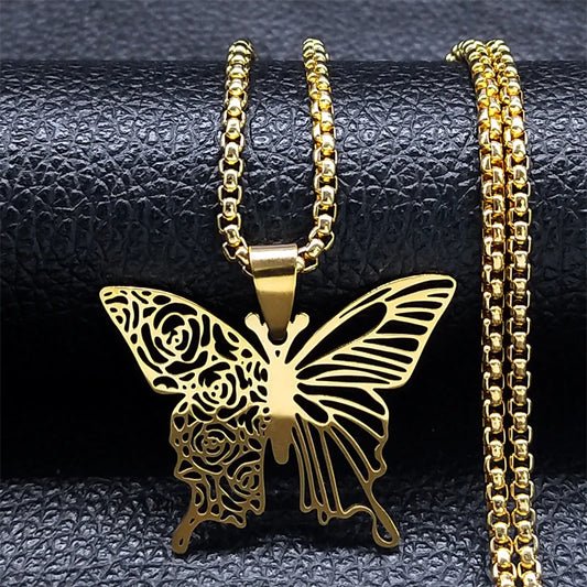 Hollow Flying Wing Aesthetic Butterfly Rose Flower Stainless Steel Gold Color Chain Pendant Necklace