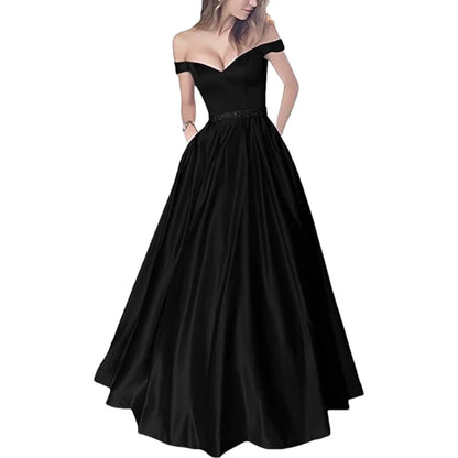 Women Off The Shoulder Beaded Satin V Neck Corset A Line Long Formal Prom Evening Party Gown Dress w/Pocket