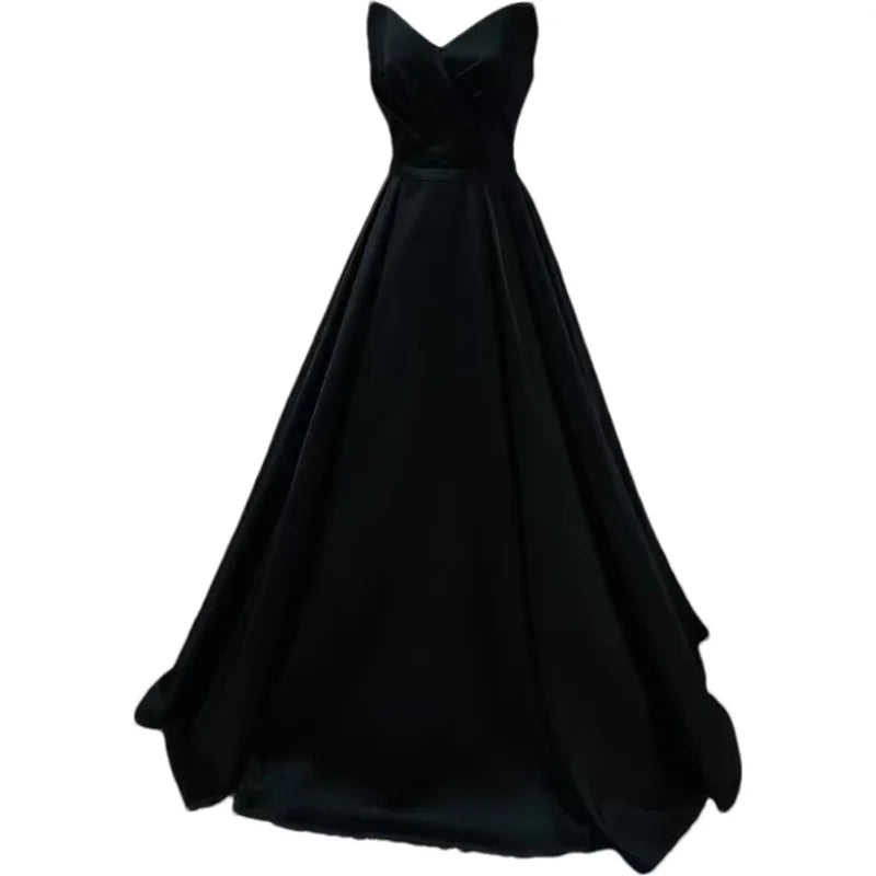 Women Strapless Simple Satin A Line Evening Party Formal Gown Corset Pleat Sweetheart Long Prom Dress w/Pocket