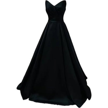 Women Strapless Simple Satin A Line Evening Party Formal Gown Corset Pleat Sweetheart Long Prom Dress w/Pocket
